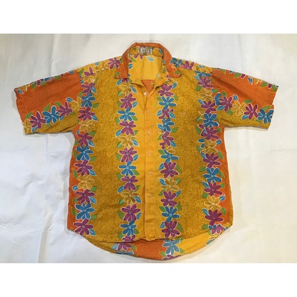 Fierce Other - Fierce Vintage Mens Floral Hawaiian Shirt Mustard Orange Cotton Short Sleeve M